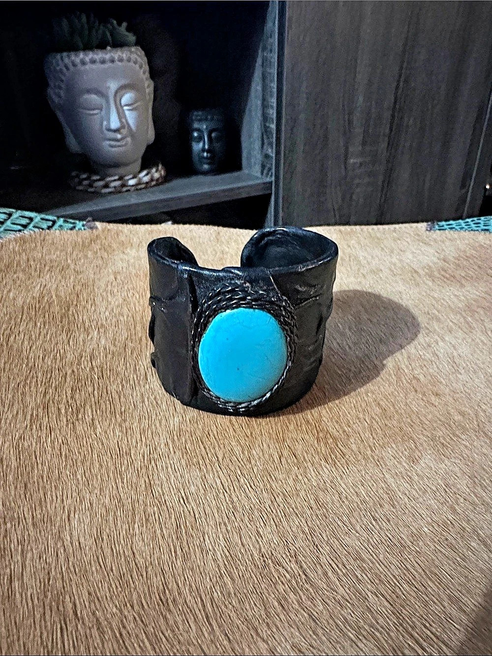 Black Leather Cuff Bracelet with Turquoise Colored Stone